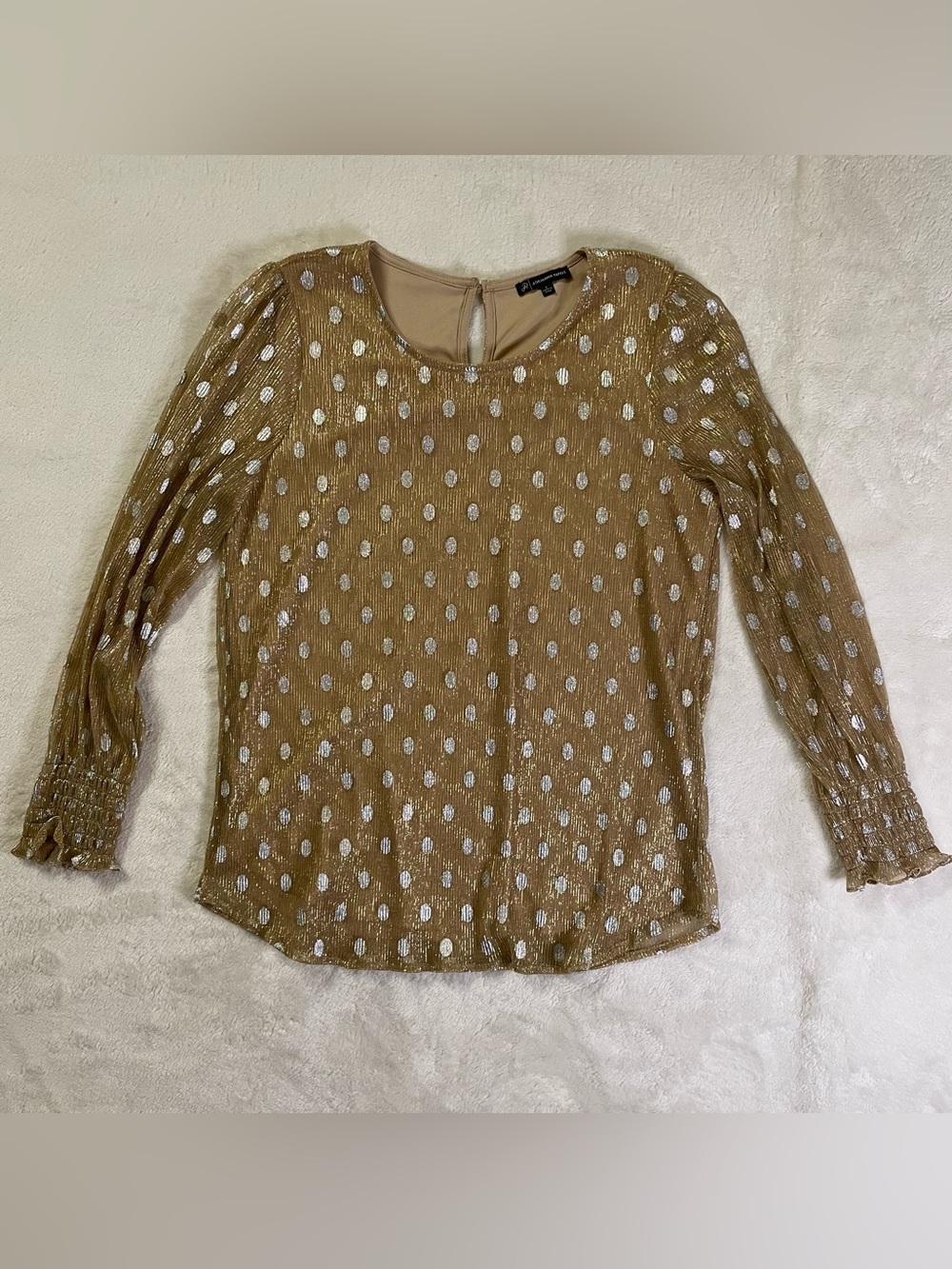 Adrianna Papell Gold Metallic Polka Dotted Long Sleeve Blouse size L